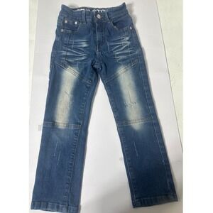 Retro Stitch Boys Moto Straight Leg Jeans Blue Medium Wash Distressed Size 7